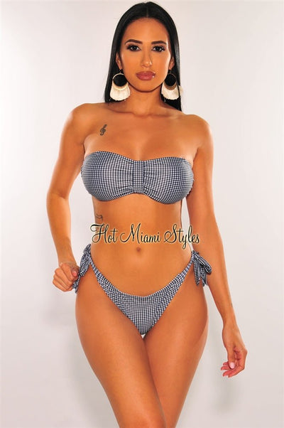 Black Gingham Checker Tie Up Sides Scrunch Butt Bikini - Hot Miami Styles
