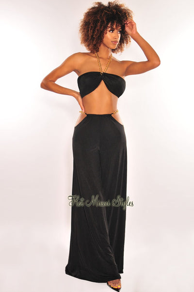 Black Gold Chain Halter Cut Out High Waist Palazzo Two Piece Set - Hot Miami Styles