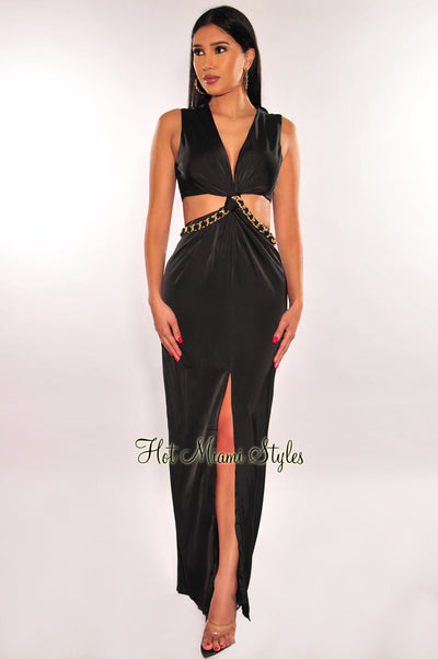 Black Gold Chain Knotted Cut Out Slit Maxi Dress - Hot Miami Styles