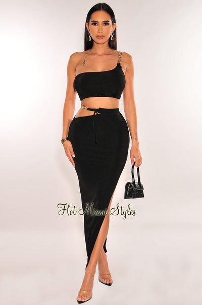 Black Gold Chain One Shoulder Cut Out Skirt Two Piece Set - Hot Miami Styles