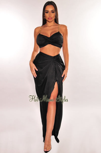 Black Gold Chain Padded Knotted Slit Skirt Two Piece Set - Hot Miami Styles
