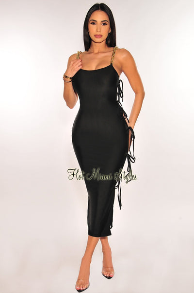 Black Gold Chain Straps Tie Up Sides Dress - Hot Miami Styles