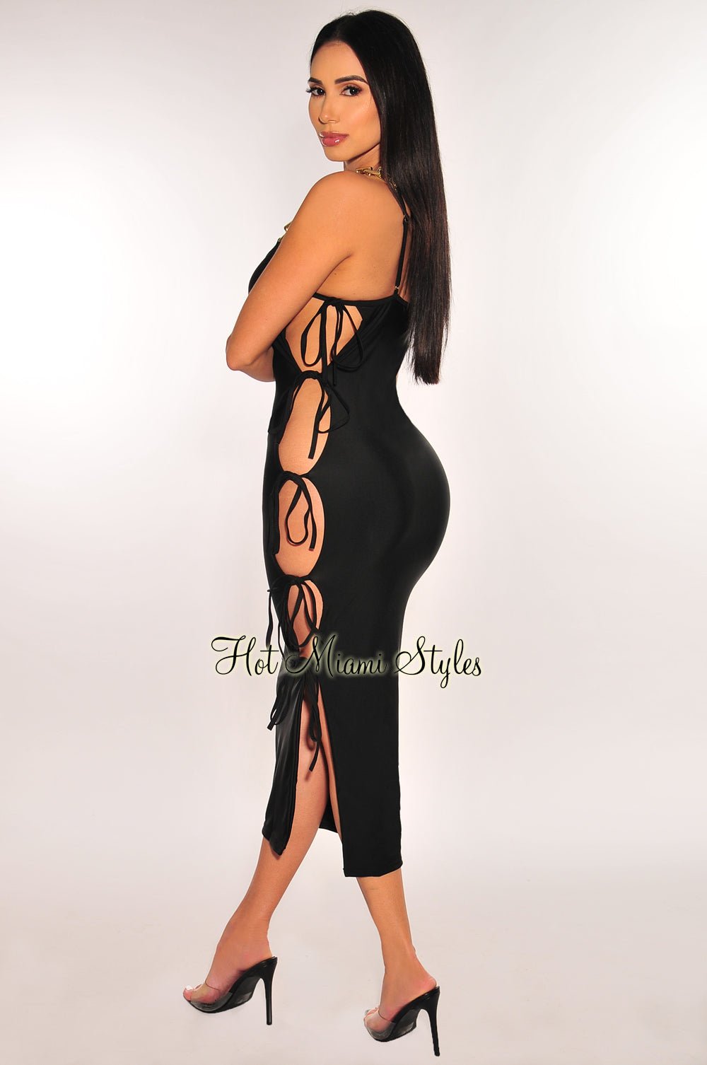 Black Gold Chain Straps Tie Up Sides Dress - Hot Miami Styles