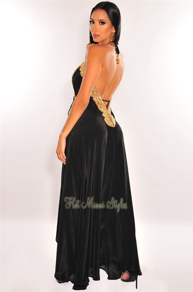 maxi rhinestone dress Black Gold Rhinestone Drawstring Halter Maxi Dress – Hot Miami Styles