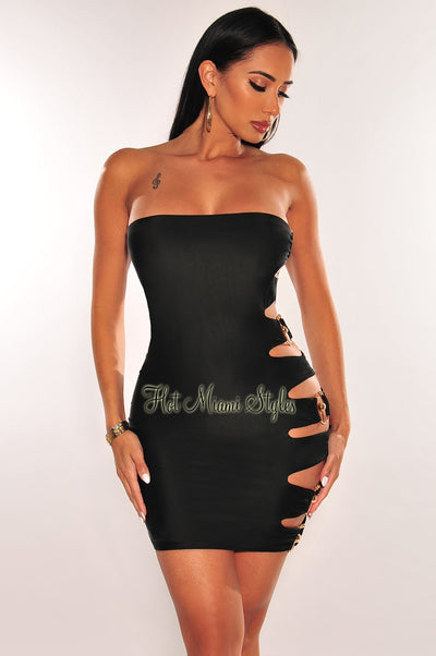 Black Gold Ring Strapless Cut Out Mini Dress - Hot Miami Styles