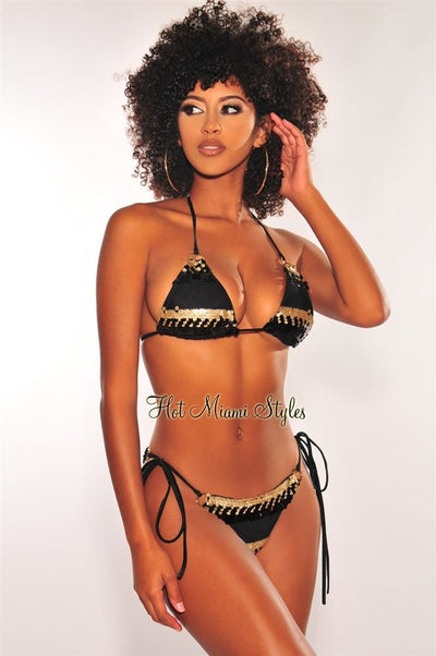 Black Gold Sequins O-Ring Scrunch Butt Bikini - Hot Miami Styles