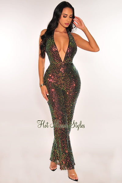 Black Green Mermaid Sequin Deep V Neck Halter Open Back Wide Leg Jumpsuit - Hot Miami Styles