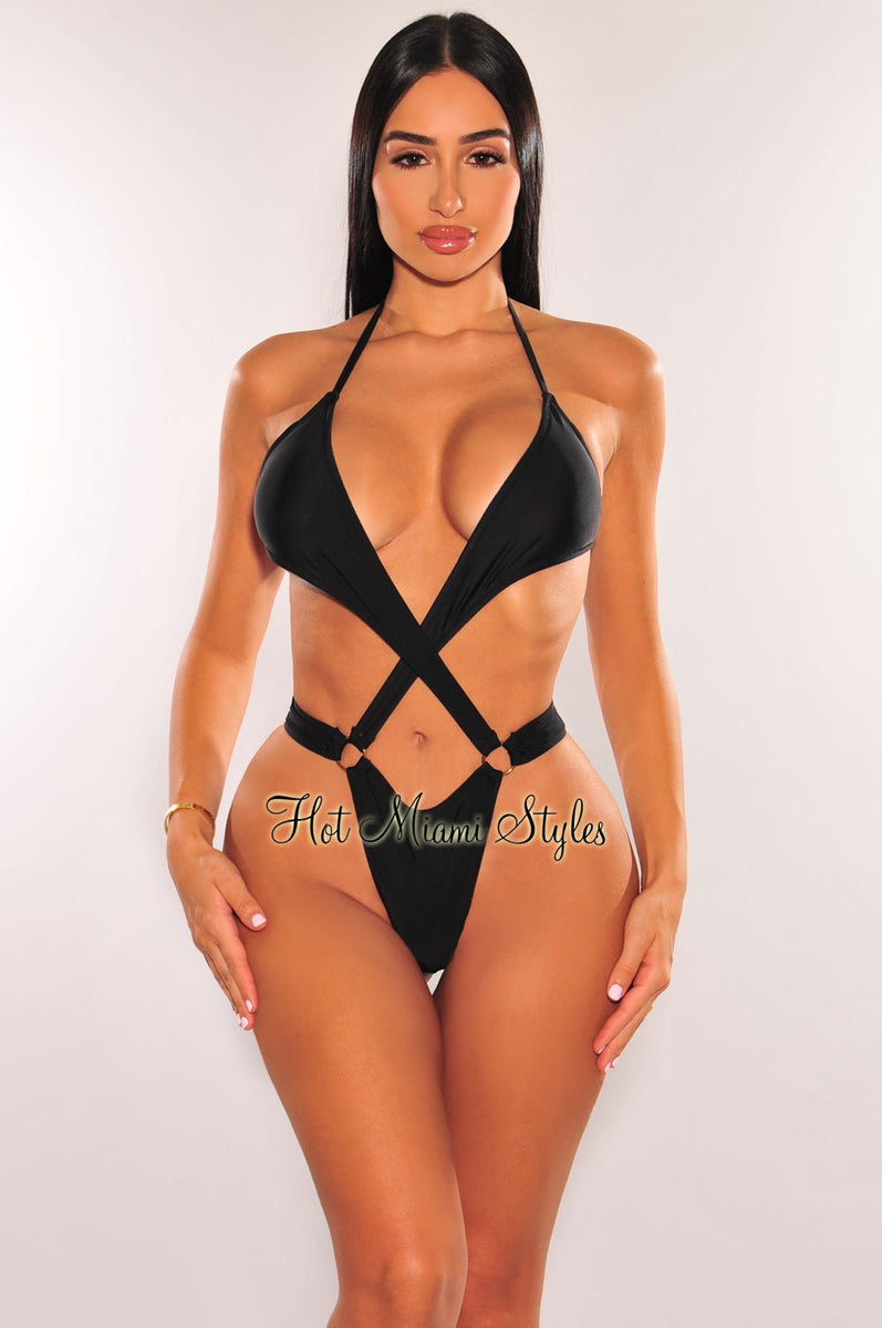 Black Halter Criss Cross O Ring Cut Out Thong Swimsuit Hot Miami Styles 1745