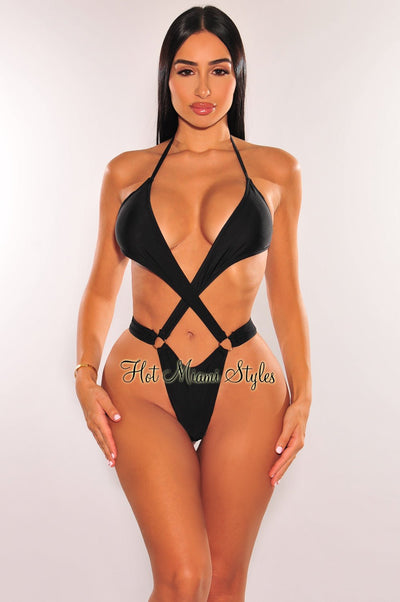 Black Halter Criss Cross O-Ring Cut Out Thong Swimsuit - Hot Miami Styles