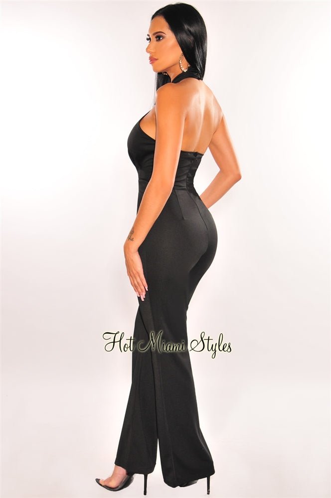 Black Halter CrissCross Cut Out Palazzo Jumpsuit - Hot Miami Styles
