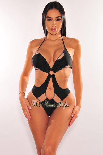 Black Halter Cut Out Mesh O-Ring Swimsuit - Hot Miami Styles