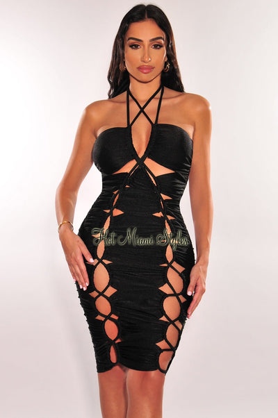 Black Halter Cut Out Rope Lace Up Dress - Hot Miami Styles