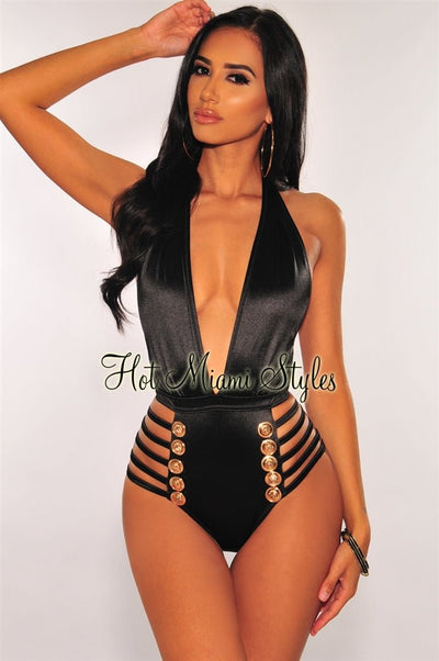 Black Halter Gold Button Strappy Sides Swimsuit - Hot Miami Styles