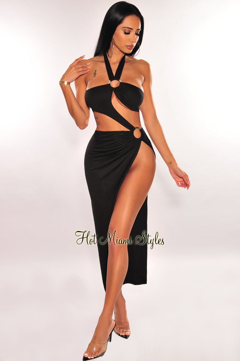 Black Long Sleeve One Shoulder Asymmetric Cut Out O Ring