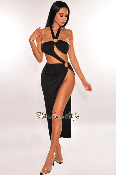 Black Halter O-Ring Cut Out Strap Slit Dress - Hot Miami Styles