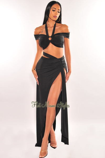 Black Halter Off Shoulder O-Ring Strap Slit Skirt Two Piece Set - Hot Miami Styles