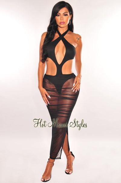 Black Halter Tie Up Cut Out Mesh Ruched Dress - Hot Miami Styles