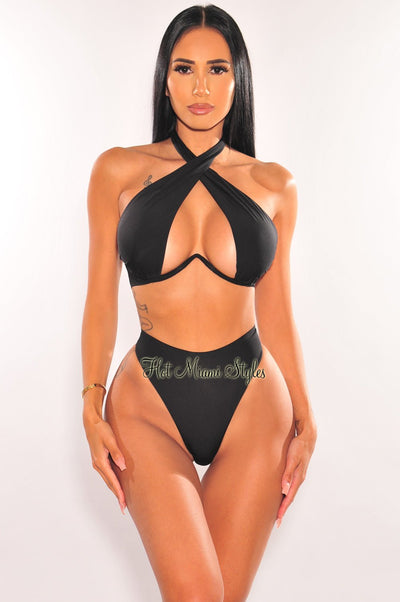 Black Halter Underwire CrissCross Tie Up Scrunch Butt Bikini - Hot Miami Styles