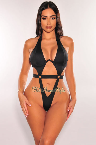Black Halter Underwire Tie Up Cut Out Ultra High Cut Swimsuit - Hot Miami Styles