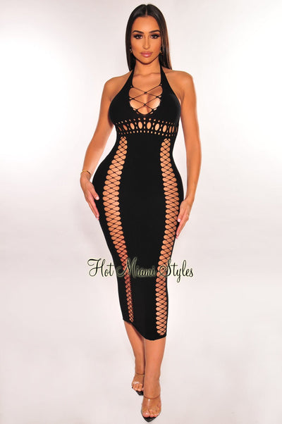 Black Halter V Neck Seamless Cut Out Lace Up Dress - Hot Miami Styles