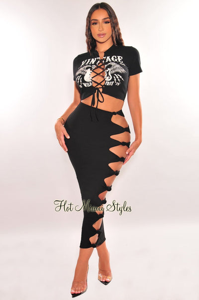 Black High Waist Cut Out Knotted Slit Skirt - Hot Miami Styles