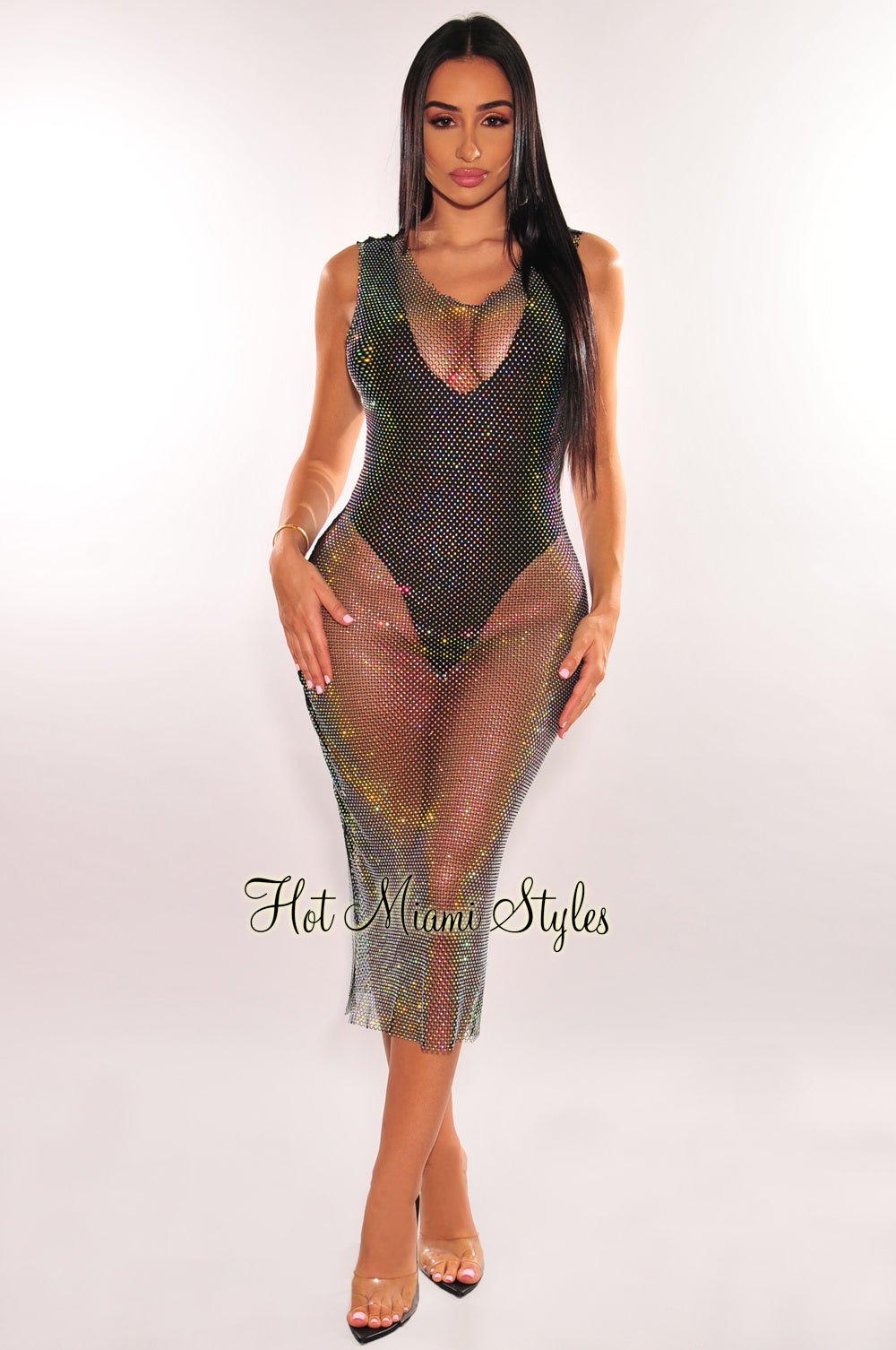 Black Iridescent Rhinestone Fishnet Sleeveless Bodysuit Maxi Two Piece Set