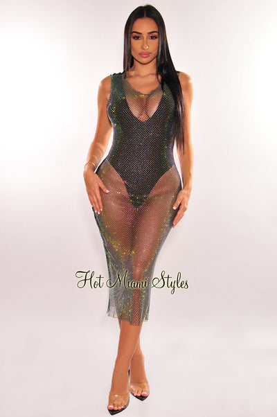 Black Iridescent Rhinestone Fishnet Sleeveless Bodysuit Maxi Two Piece Set - Hot Miami Styles