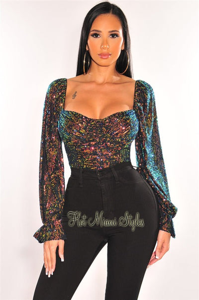 Black iridescent Sequins Padded Long Sleeve Bustier Crop Top - Hot Miami Styles