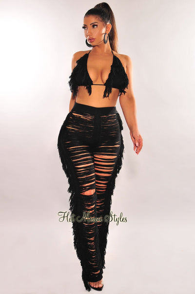 Black Knit Halter Triangle Top Fringe Ladder Cut Pants Two Piece Set - Hot Miami Styles