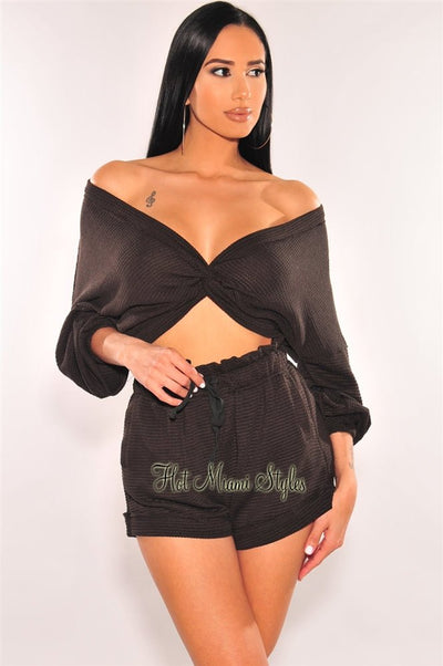 Black Knit Knotted Off Shoulder Short Two Piece Set - Hot Miami Styles