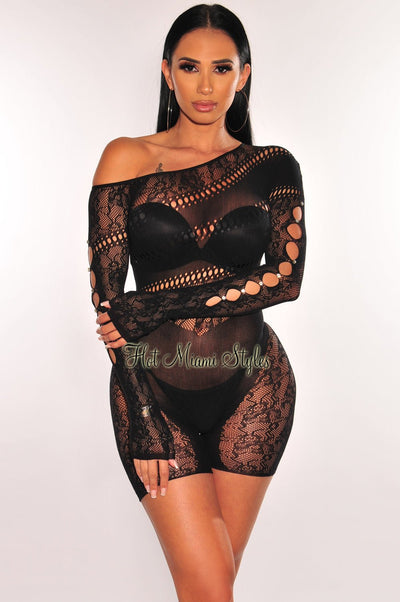 Black Lace Seamless Sheer Long Sleeve One Shoulder Rhinestone Cut Out Romper - Hot Miami Styles