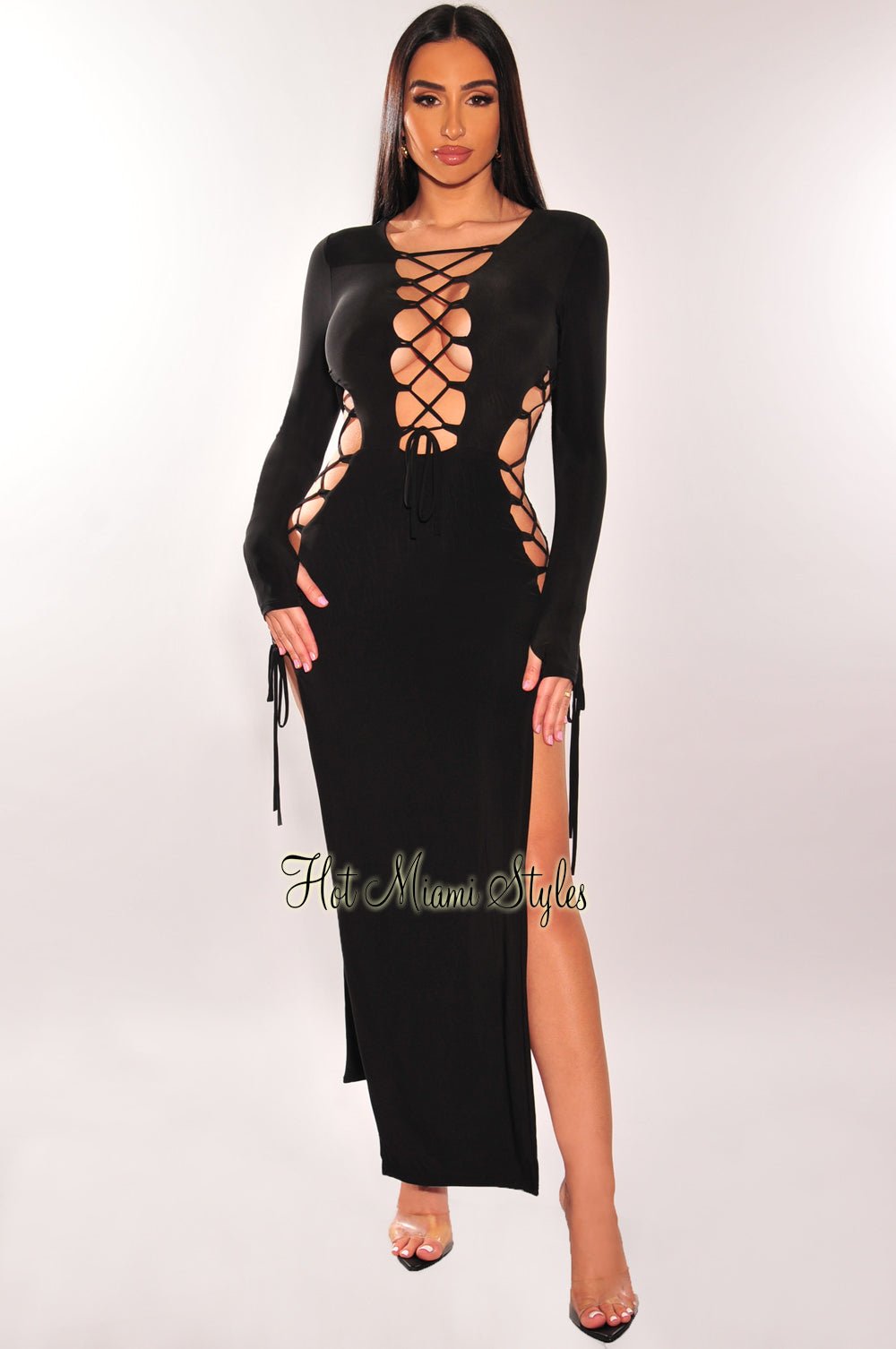 Black Lace Up Long Sleeve Double Slit Dress