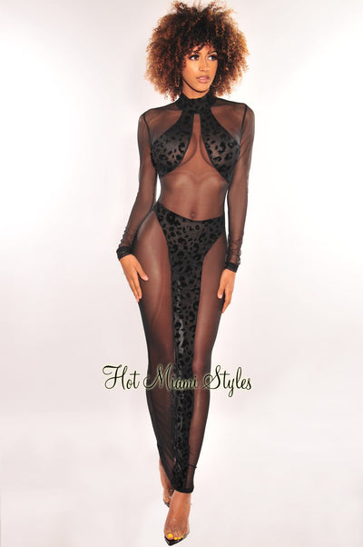 Black Leopard Sheer Mesh Long Sleeve Maxi Dress - Hot Miami Styles