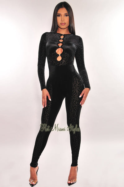 Black Leopard Velour Sheer Mesh Long Sleeve Cut Out Jumpsuit - Hot Miami Styles