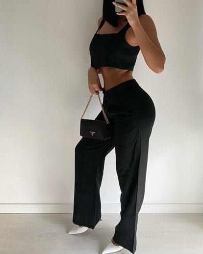 Black Linen Sleeveless Palazzo Pants Two Piece Set - Hot Miami Styles