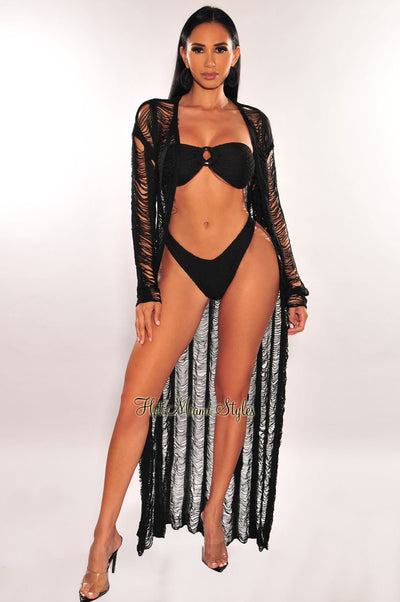 Black Long Sleeve Ladder Cut Belted Cover Up - Hot Miami Styles