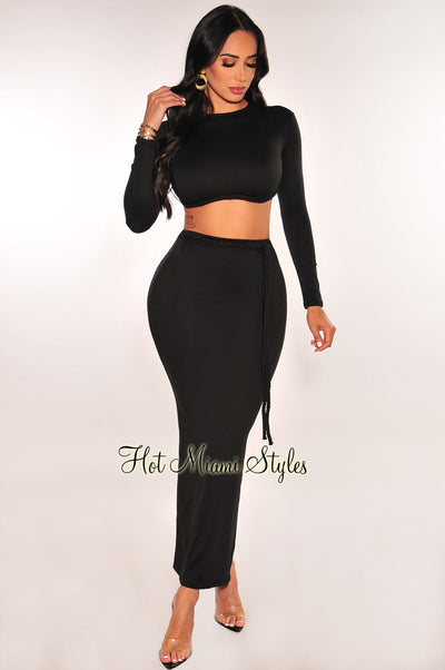Black Long Sleeve Mock Neck Braided Belt Vent Slit Skirt Two Piece Set - Hot Miami Styles