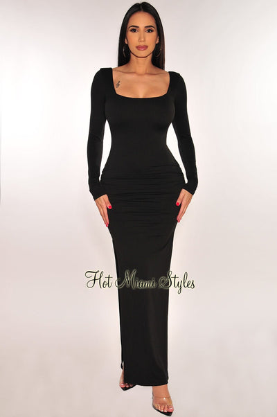Black Long Sleeve Square Neck Ruched Double Slit Maxi Dress - Hot Miami Styles