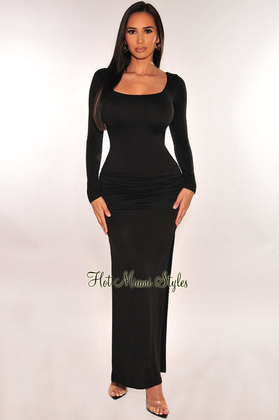 Black Long Sleeve Square Neck Ruched Double Slit Maxi Dress - Hot Miami Styles