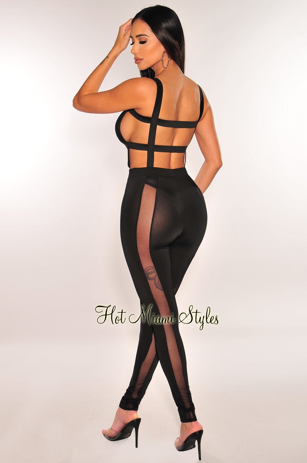 Black Mesh Cut Out Strappy Bodysuit Pants Two Piece Set – Hot Miami Styles
