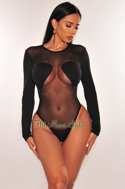 Black Mesh Long Sleeve Bodysuit - Hot Miami Styles