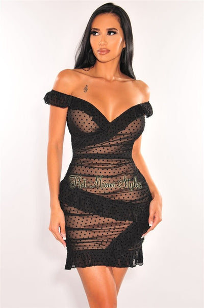 Black Mesh Nude Illusion Polka Dot Off Shoulder Ruffle Dress - Hot Miami Styles