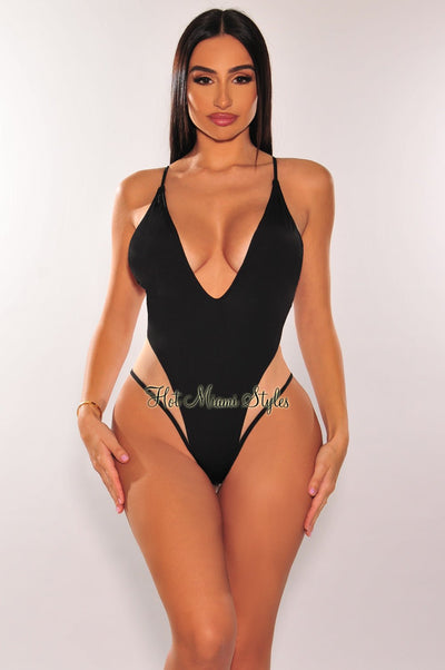 Black Mesh Nude Illusion Spaghetti Strap Deep V Neck Swimsuit - Hot Miami Styles