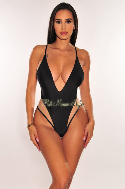 Black Mesh Nude Illusion Spaghetti Strap Deep V Neck Swimsuit - Hot Miami Styles