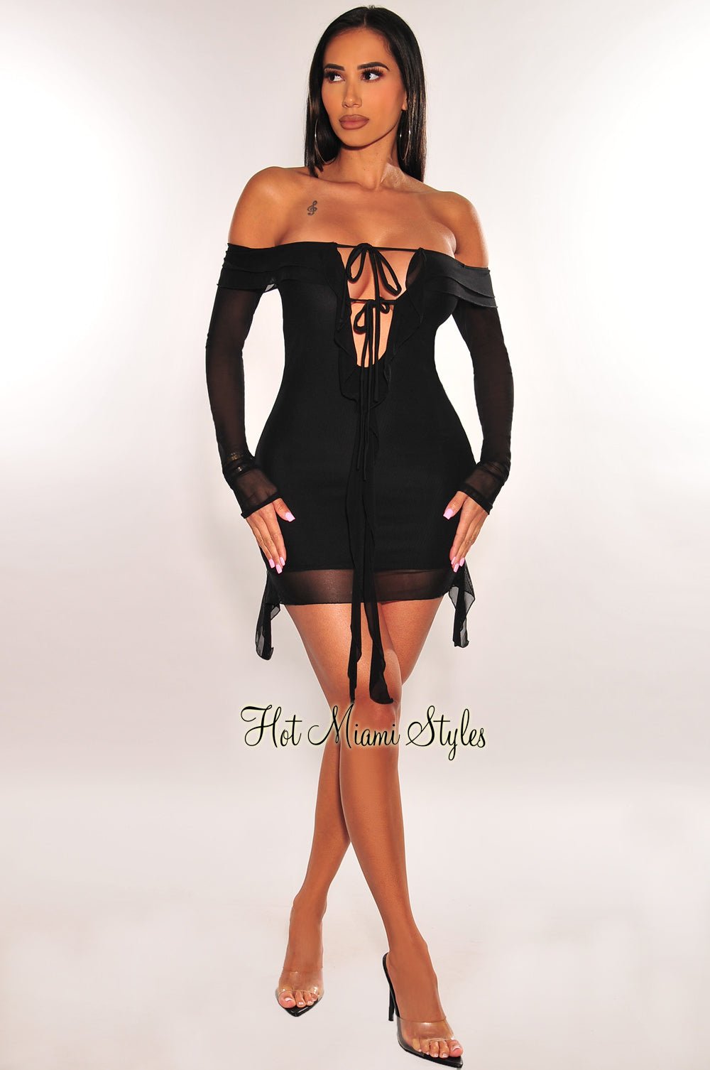 Black Mesh Off Shoulder Tie Up Long Sleeve Ruffle Mini Dress – Hot Miami  Styles