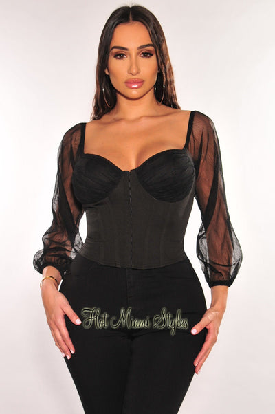 Black Silky Sleeveless Square Neck Bodysuit - Hot Miami Styles