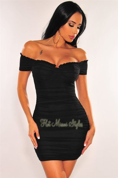 Black Mesh Padded Off Shoulder Ruched Dress - Hot Miami Styles