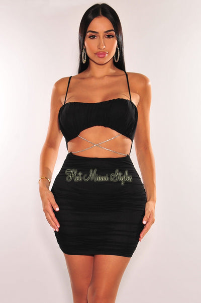 Black Mesh Padded Spaghetti Strap Ruched Cut Out Wrap Around Rhinestone Dress - Hot Miami Styles