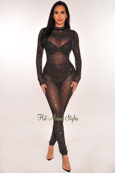 Black sexy rhinestone mesh see thru body suit, Women's Fashion