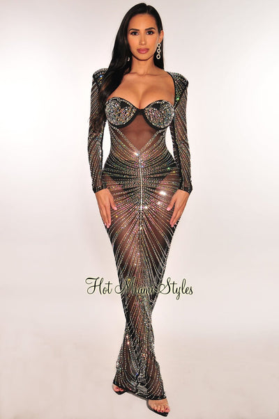 Black Mesh Rhinestone Padded Cut Out Back Long Sleeve Gown - Hot Miami Styles